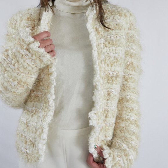 Vintage Estelle Gracer Creme Beige Woven Ecru Jacket Winter Fall Chic collarless - Picture 2 of 5